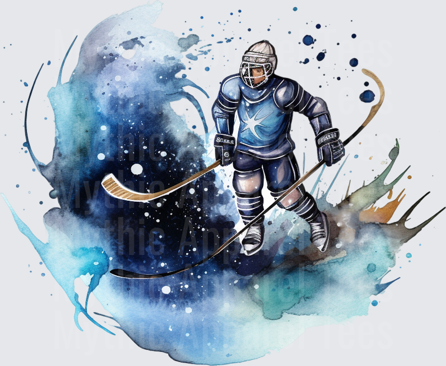 Ice Hockey Player Watercolor Galaxy Splash Blue Navy Art