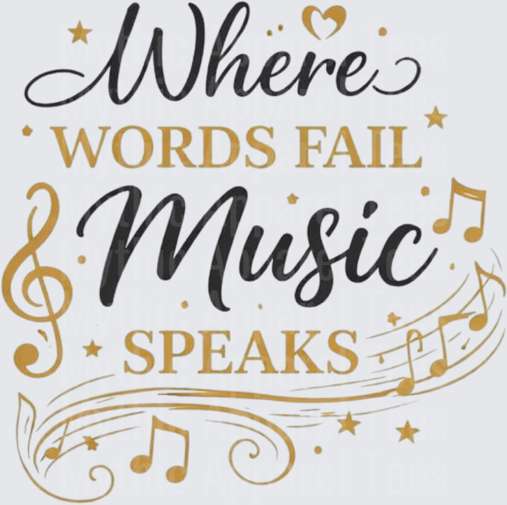 Where Words Fail Music Speaks Gold and Black Inspirational Quote with Musical Notes and Treble Clef