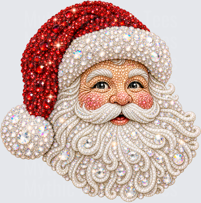 Rhinestone Bedazzled Santa Claus Face with Red Crystal Hat and Pearl White Beard