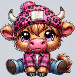 Highland Cow, Cute Cow Transfers, Brown Cow with Pink Hat, Farmhouse Decor, Pastel Colors, Animal Designs, DTF Transfer