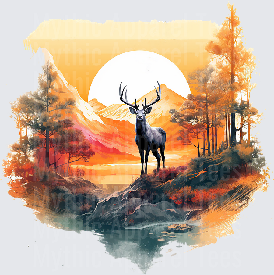 Majestic Buck Standing on Rocky Outcrop with Autumn Forest Mountains and Sunset Moon Watercolor Wilderness Scene
