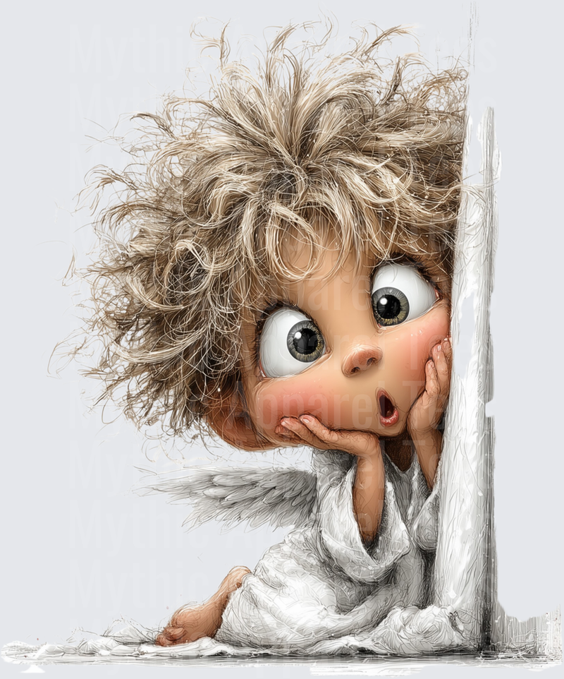 Shocked Cherub Angel Baby Peeking Around Corner with Wild Messy Hair and Big Eyes