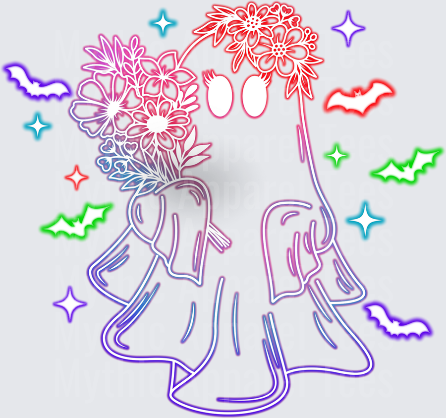 Halloween Neon Ghost Holding Flower Bouquet with Bats