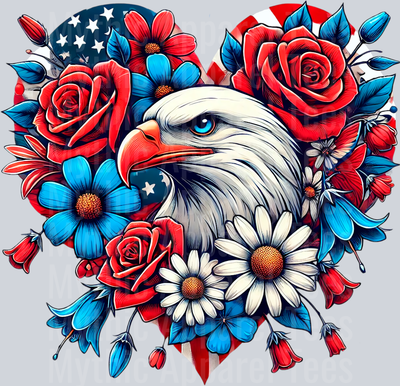 Rose heart with eagle patriotic red white and blue print 1 DTF Patriotic Transfers