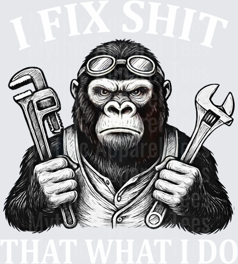 Tough Mechanic Gorilla With Goggles Holding Pipe Wrench and Adjustable Wrench Black and White Illustration
