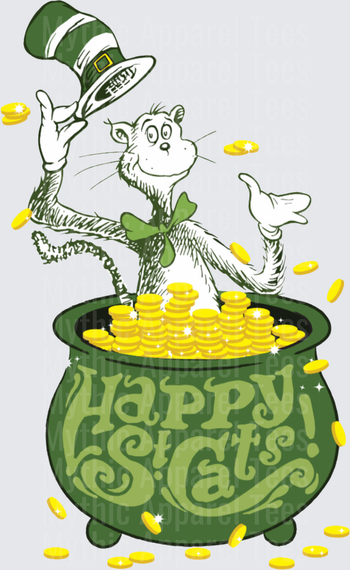 Cat in the Hat St. Patrick's Day Leprechaun Standing in Pot of Gold Coins with Green Top Hat and Shamrock Bow Tie