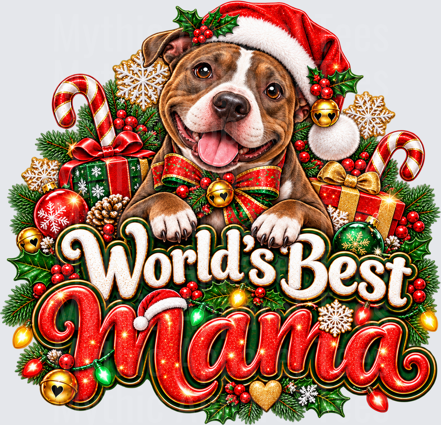 World's Best Mama Smiling Pit Bull in Santa Hat with Christmas Wreath Holly Bells and Gifts