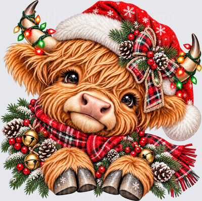 Animals Cute Baby Highland Cow Santa Hat Plaid Scarf Christmas Lights Jingle Bells Pine Cones Holiday