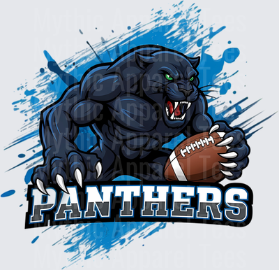 Fierce Muscular Black Panther Mascot Holding Football Blue Grunge Splash Panthers Bold Text Sports Team Graphic