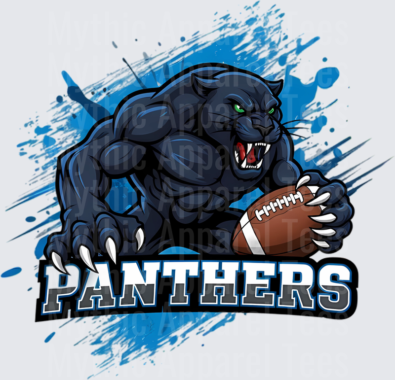 Fierce Muscular Black Panther Mascot Holding Football Blue Grunge Splash Panthers Bold Text Sports Team Graphic