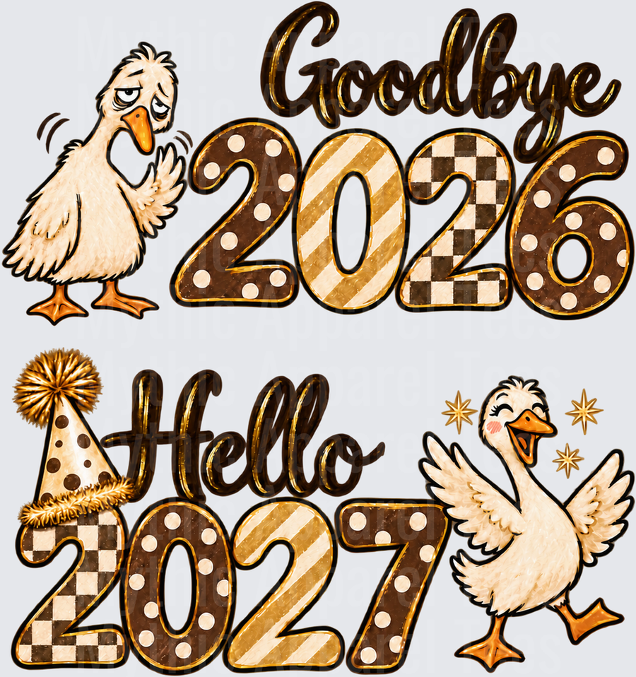 Goodbye 2026 Hello 2027 Funny Duck New Year Celebration Design with Grumpy and Happy Geese Brown Gold Checkered Polka Dot Typography