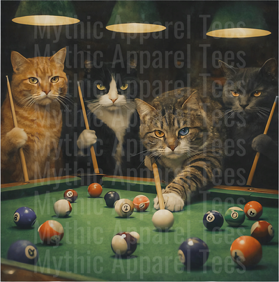 Four Cats Playing Pool Billiards Under Tavern Lights Vintage Painting Style