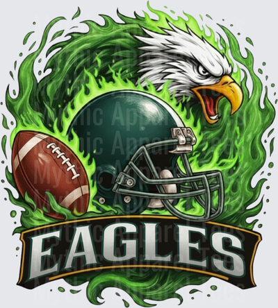 Eagles Fierce Bald Eagle Head Green Flames Football Helmet and Ball Banner Design