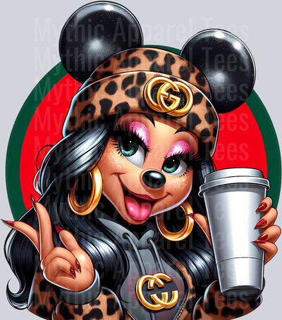 Minnie Girl with Gucci Shirt Leopard Print Disney DTF Gucci Mickey Transfers