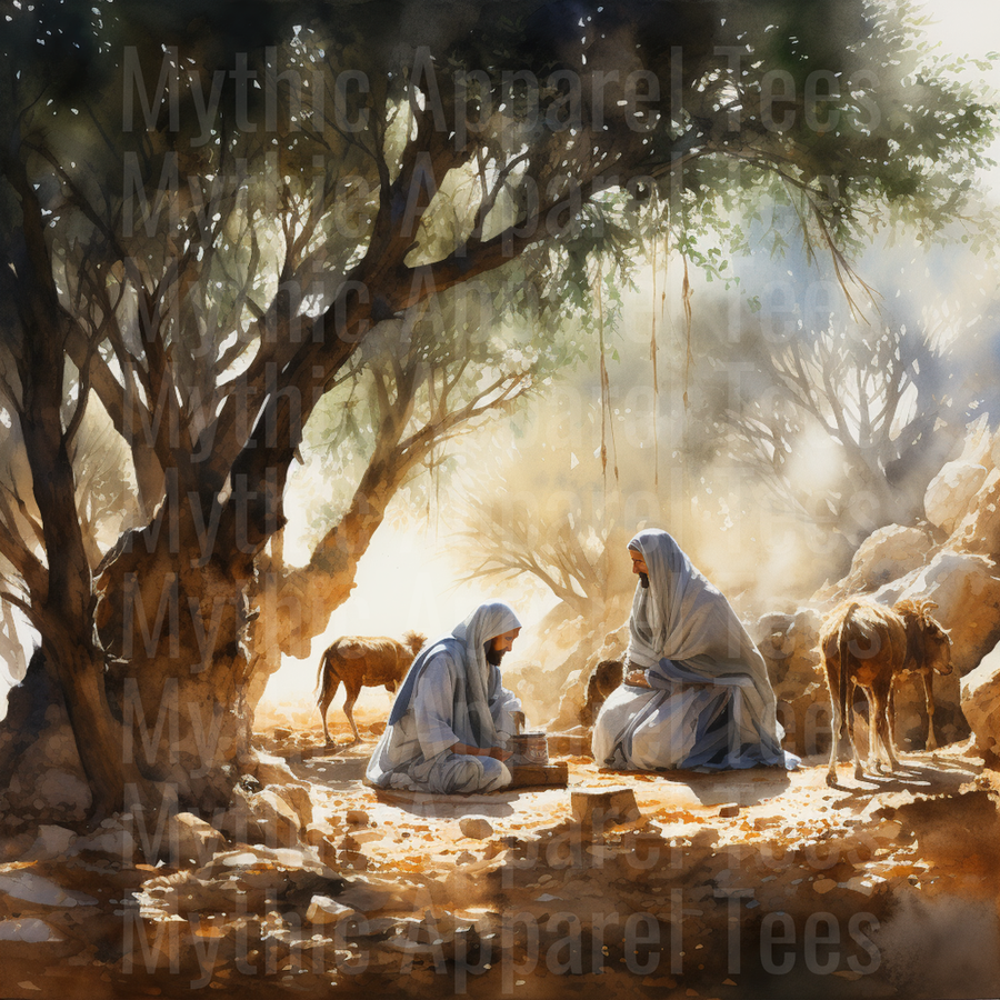 Nativity Two Robed Shepherds Resting Among Livestock