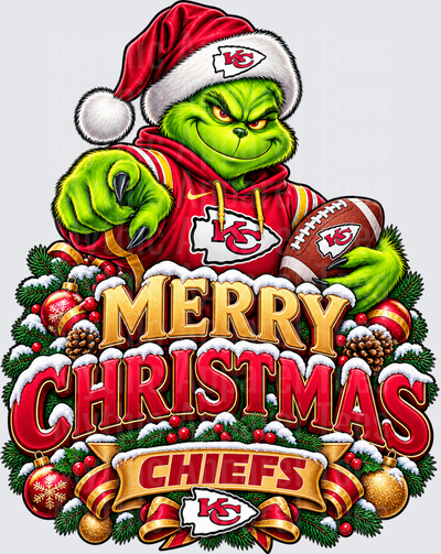 Football Grinch Merry Christmas Kansas City Chiefs Holiday Wreath Design with Santa Hat and Football