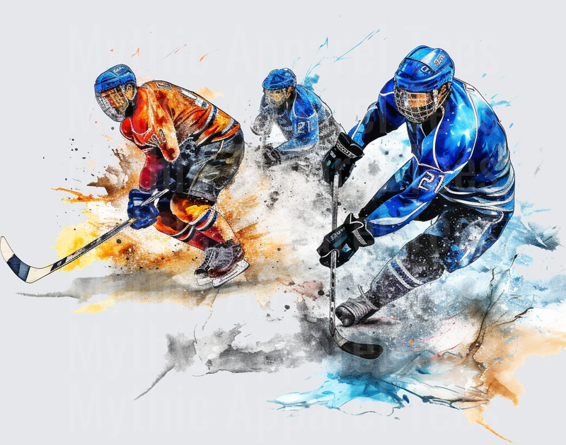 Ice Hockey Players Watercolor Splash Action Art Blue Orange