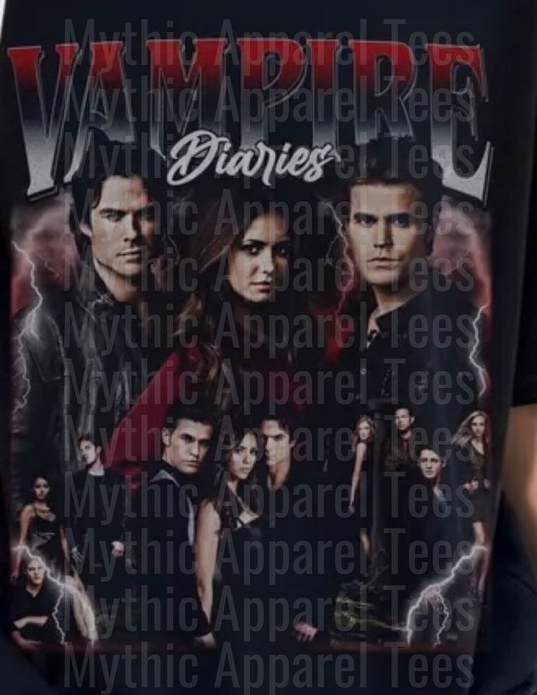 Vampire Diaries Cast Collage Bootleg Rap Style Graphic with Damon Salvatore Elena Gilbert and Stefan Salvatore Lightning Storm Background