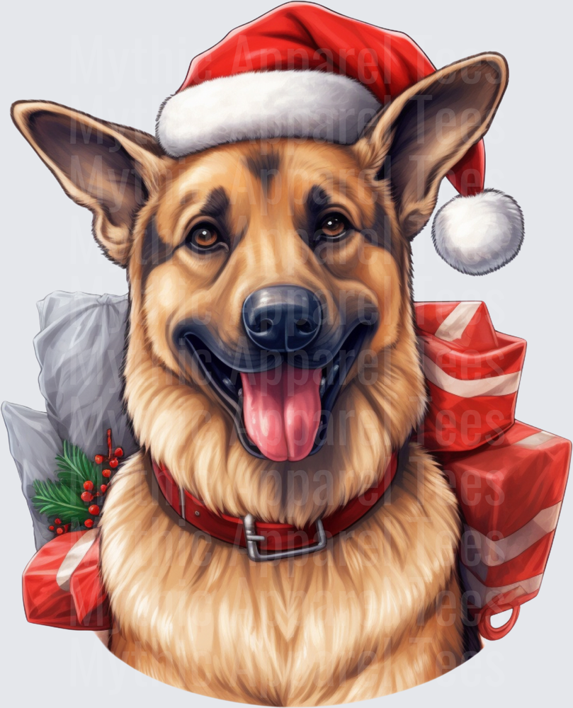 German Shepherd Santa Hat Christmas Holiday Portrait with Gifts and Holly