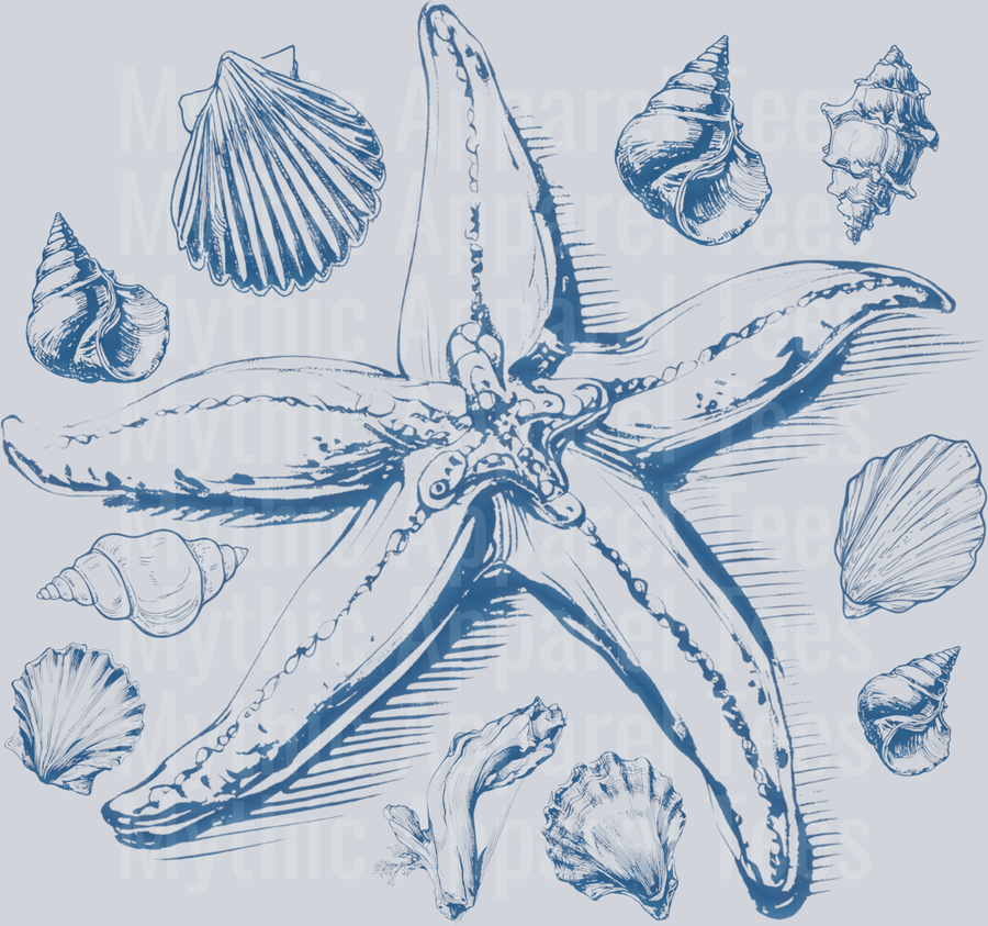Blue Seashell starfish cute sketched design DTF Summer Transfers