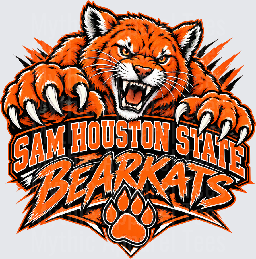 Sam Houston State Bearkats Fierce Mascot with Claws and Paw Print Bold Orange and Black Spirit Design