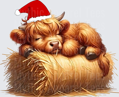 Highland Christmas Cow Sleeping on Hay Bale Santa Hat