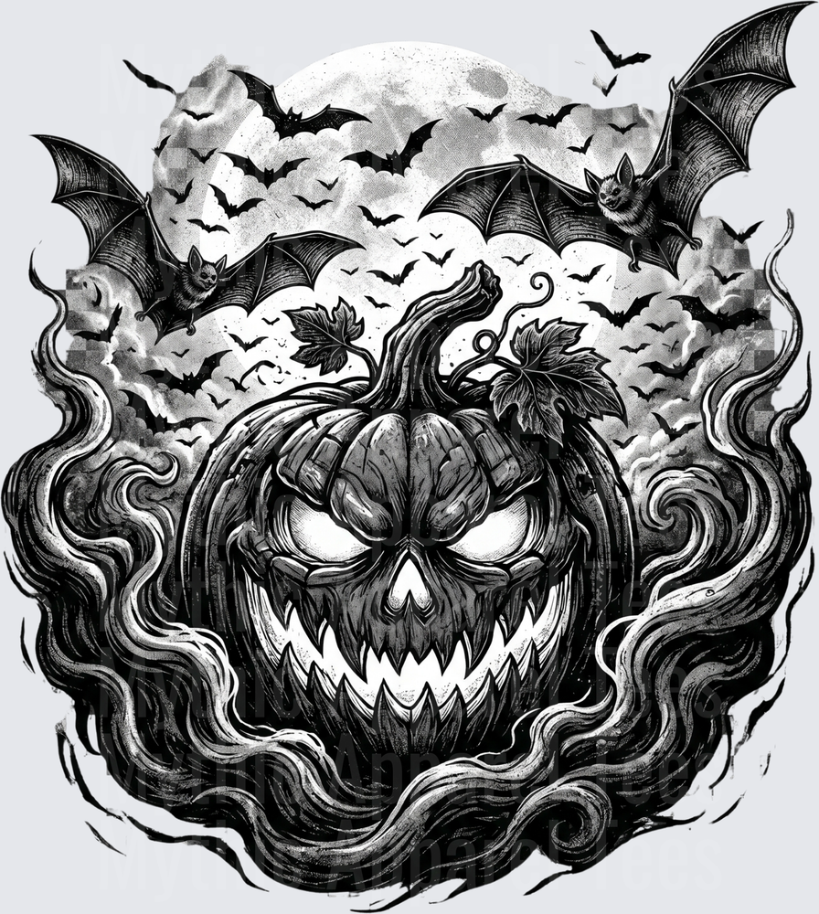 Evil Jack-O-Lantern with Jagged Grin Swirling Dark Smoke Bats Full Moon Black and White Halloween
