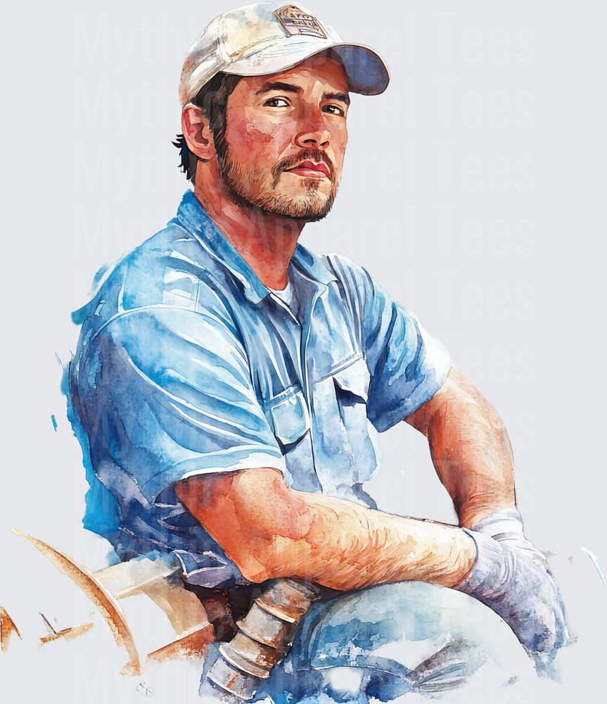 Rugged Blue Collar Worker Watercolor Portrait Man in Cap and Work Shirt