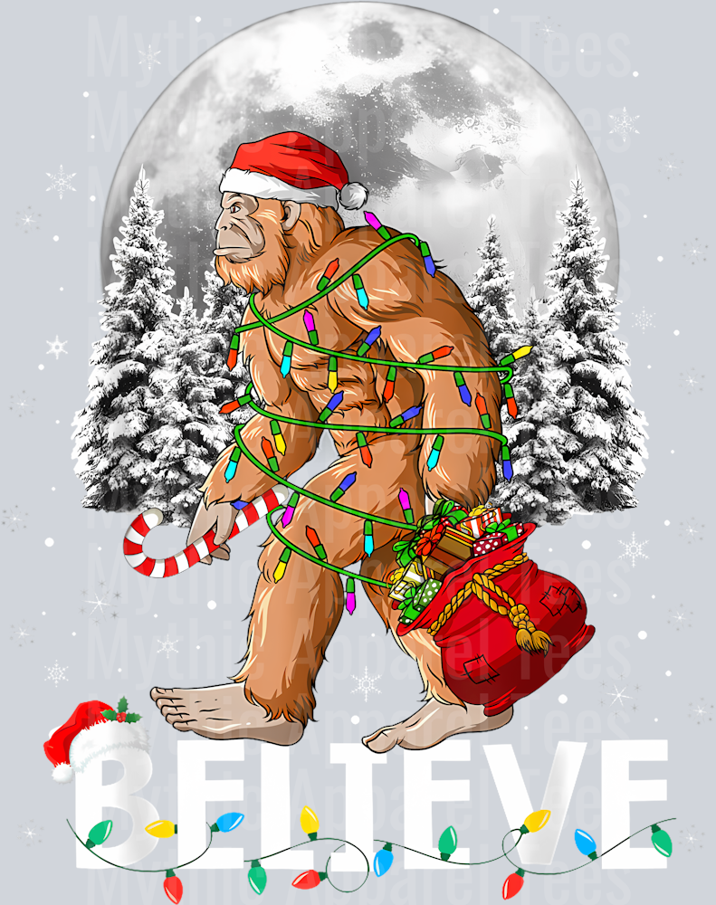 48 Santa Bigfoot Christmas Lights Funny Sasquatch Believe Xmas T-Shirt