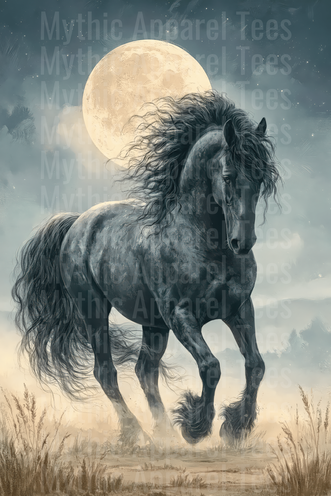 Majestic Black Friesian Horse Prancing Under Full Moon Night Sky