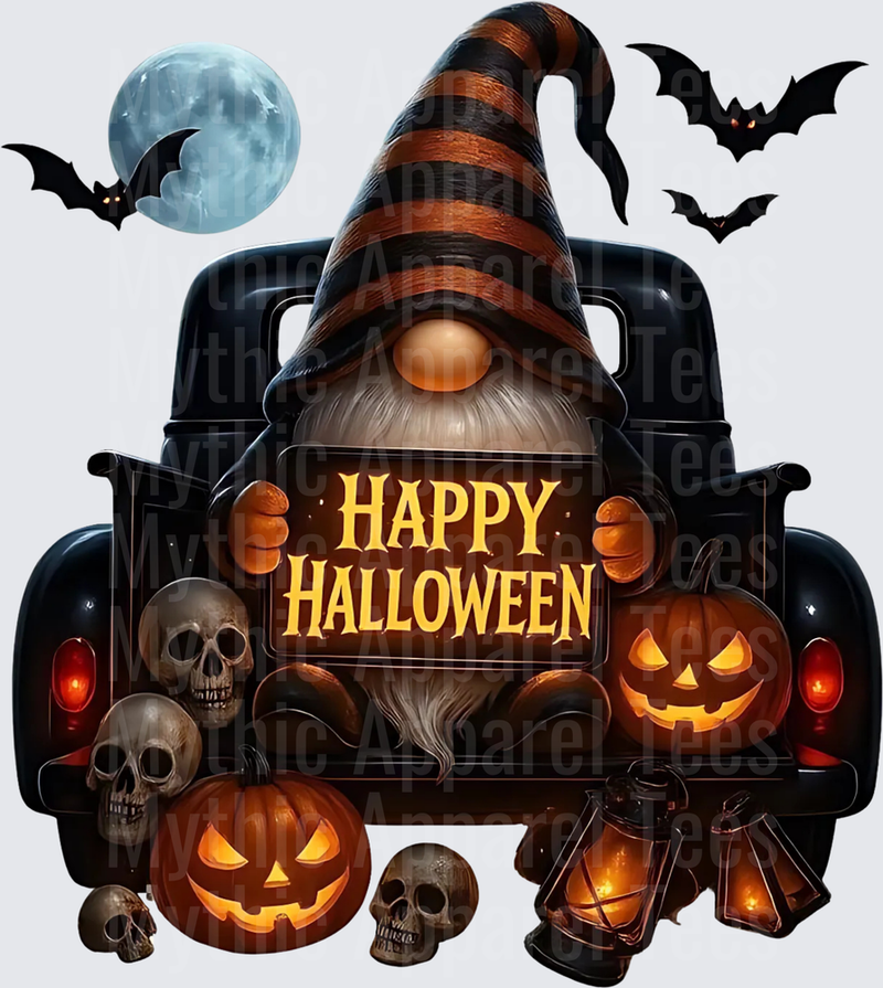 Happy Halloween Gnome Black Vintage Truck Rear View with Jack-O-Lanterns Skulls Bats and Full Moon