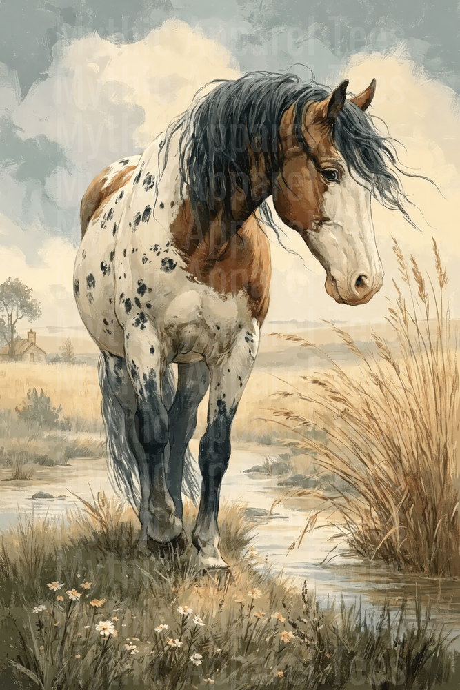 Appaloosa Horse Standing by Stream in Golden Prairie Watercolor Illustration