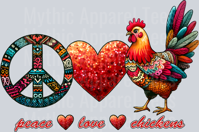 peace love and chickens hearts peace sign and chicken DTF Chicken Transfers