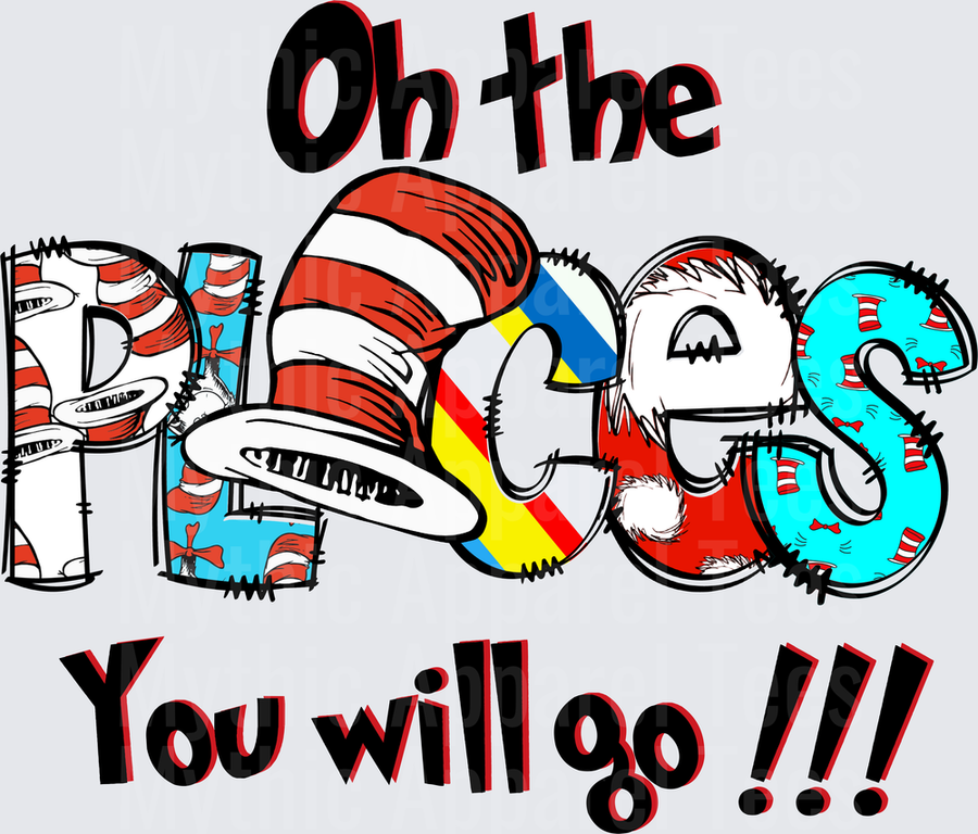 Dr. Seuss Oh The Places You Will Go Cat in the Hat Red Striped Hat Colorful Letter Design