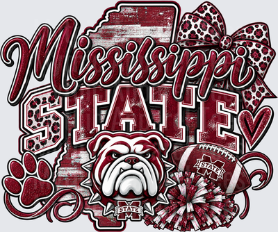 Mississippi State Bulldogs Maroon and White Spirit Design with Bulldog Mascot Football Pom Poms Leopard Bow and Paw Print