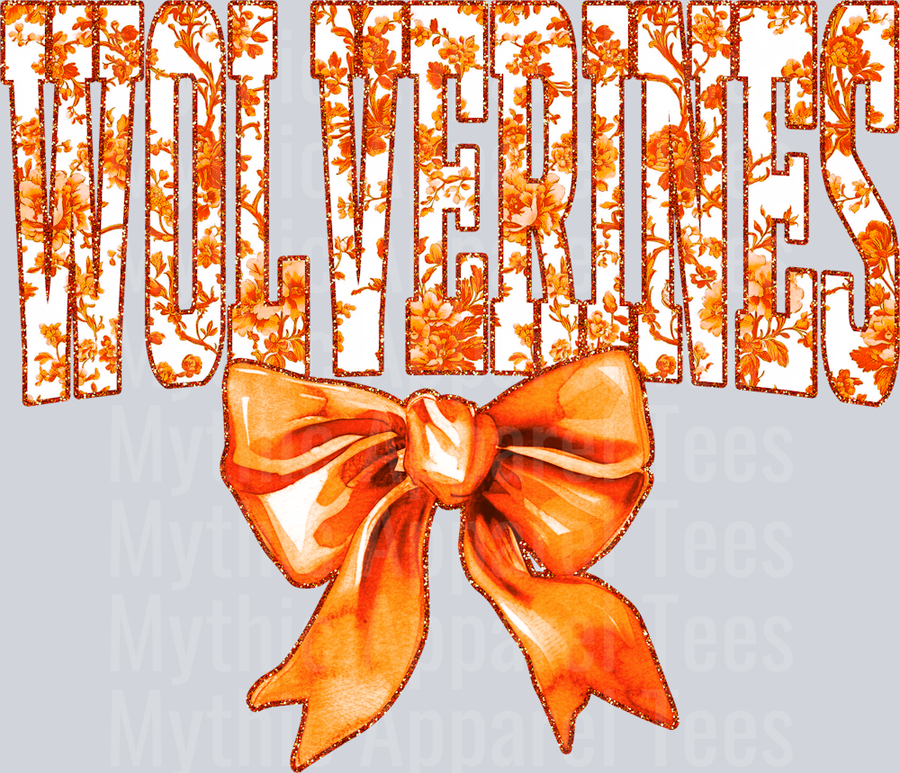 Orange Wolverines College Font Floral Print Bow School Spirit & Sports