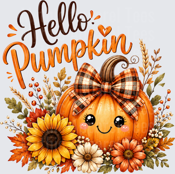 Hello Pumpkin Cute Kawaii Pumpkin Face with Buffalo Plaid Bow Sunflowers and Fall Florals