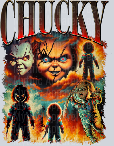 Chucky doll in multiple movie scenes black words Halloween DTF Horror Movie Transfers