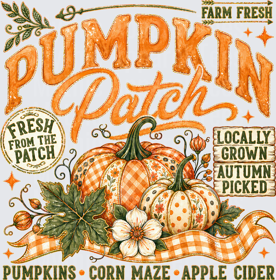 Fall Designs Pumpkin Patch Farm Fresh Locally Grown Autumn Picked Gingham Floral Pumpkin Harvest Sign with Corn Maze Apple Cider Banner