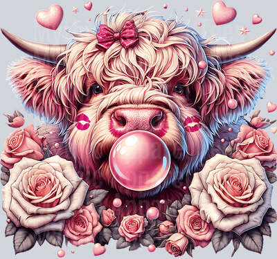 Valentines day highland cow with cute roses DTF Highland Cow Transfers