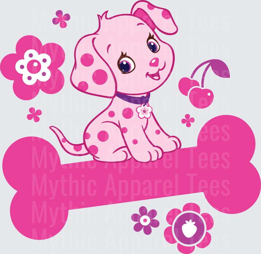 Strawberry Shortcake Pink Spotty Puppy Sitting on Bone with Flowers and Cherries