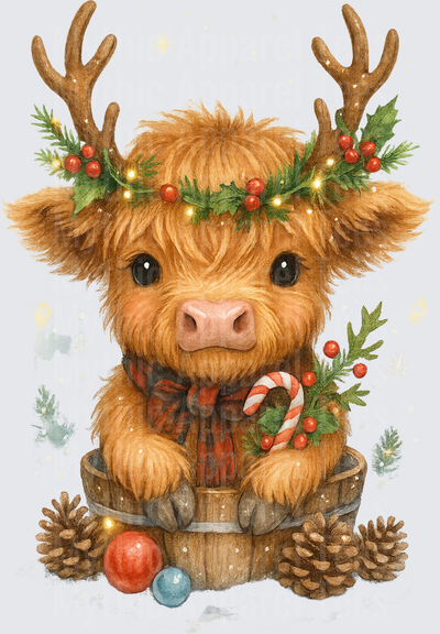 Highland Christmas Cow Baby Calf Reindeer Antlers Barrel