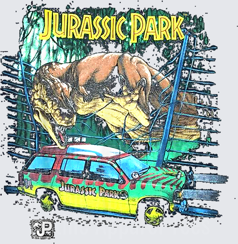Jurassic Park T-Rex Breaking Through Fence Over Explorer Tour Vehicle Vintage Graphic