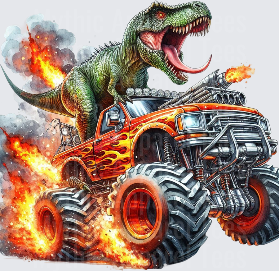 Roaring T-Rex Riding Flaming Monster Truck with Explosions