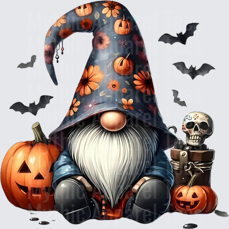 Halloween Gnome with Floral Pumpkin Hat Jack-O-Lanterns Skull and Flying Bats
