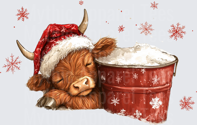 Highland Christmas Cow Sleeping Santa Hat Red Snow Bucket