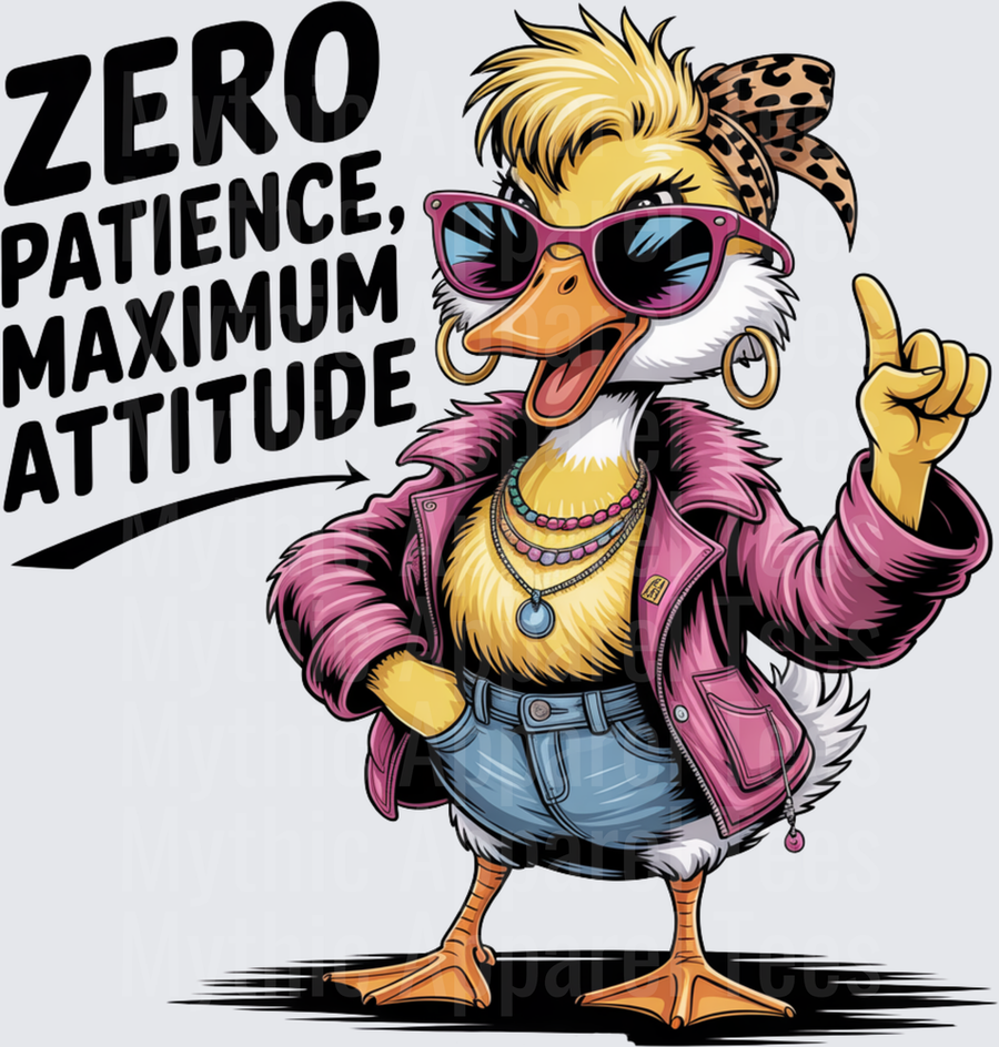 Funny Sarcastic Duck Zero Patience Maximum Attitude Sassy Duck in Pink Leather Jacket Sunglasses and Leopard Print Bandana Pointing Up