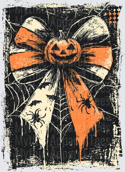 Distressed Halloween Jack-O-Lantern Bow with Spiderwebs Bats and Spiders Grunge Design in Orange and Cream