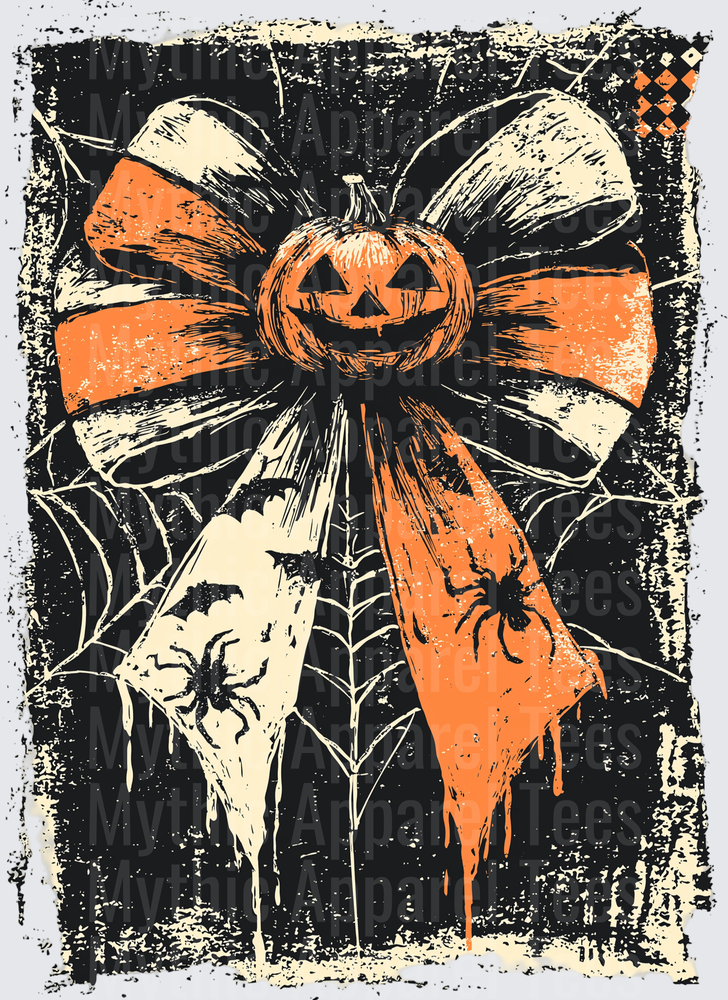 Distressed Halloween Jack-O-Lantern Bow with Spiderwebs Bats and Spiders Grunge Design in Orange and Cream