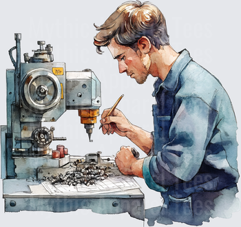 Watercolor Machinist Worker with Drill Press and Metal Shavings Blueprint